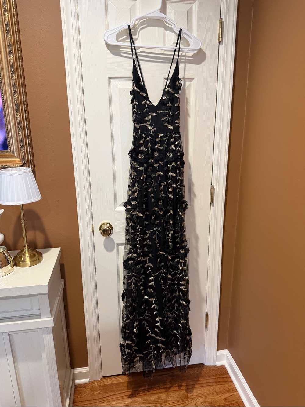 Altar'd State Black Maxi Dress with Metallic Floral Accents